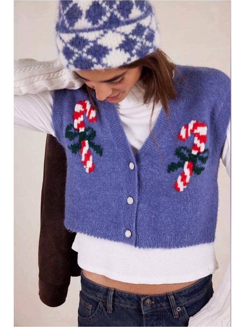 Free People Christmas Candy Cane Be Merry SoftSpun Sweater Vest Size XL